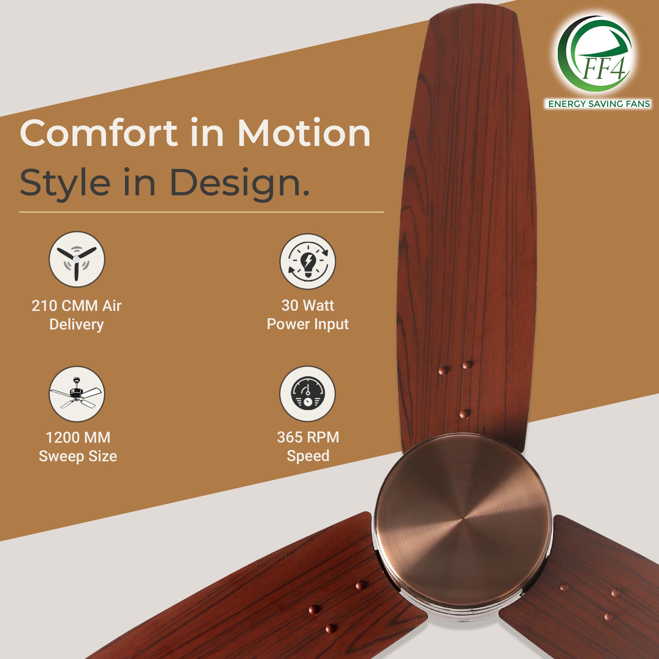 eFF4 Prosper 1200 mm 3 Blade 5 Star Ceiling Fan Remote Control with Light option (Brown, 30W)