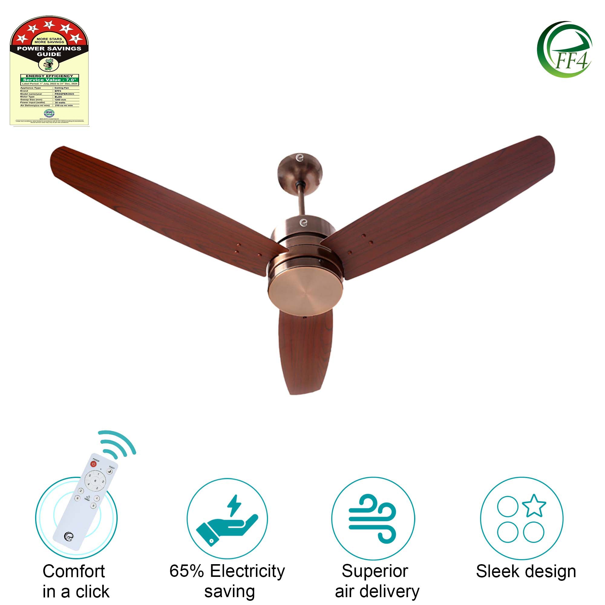 eFF4 Prosper 1200 mm 3 Blade 5 Star Ceiling Fan Remote Control with Light option (Brown, 30W)