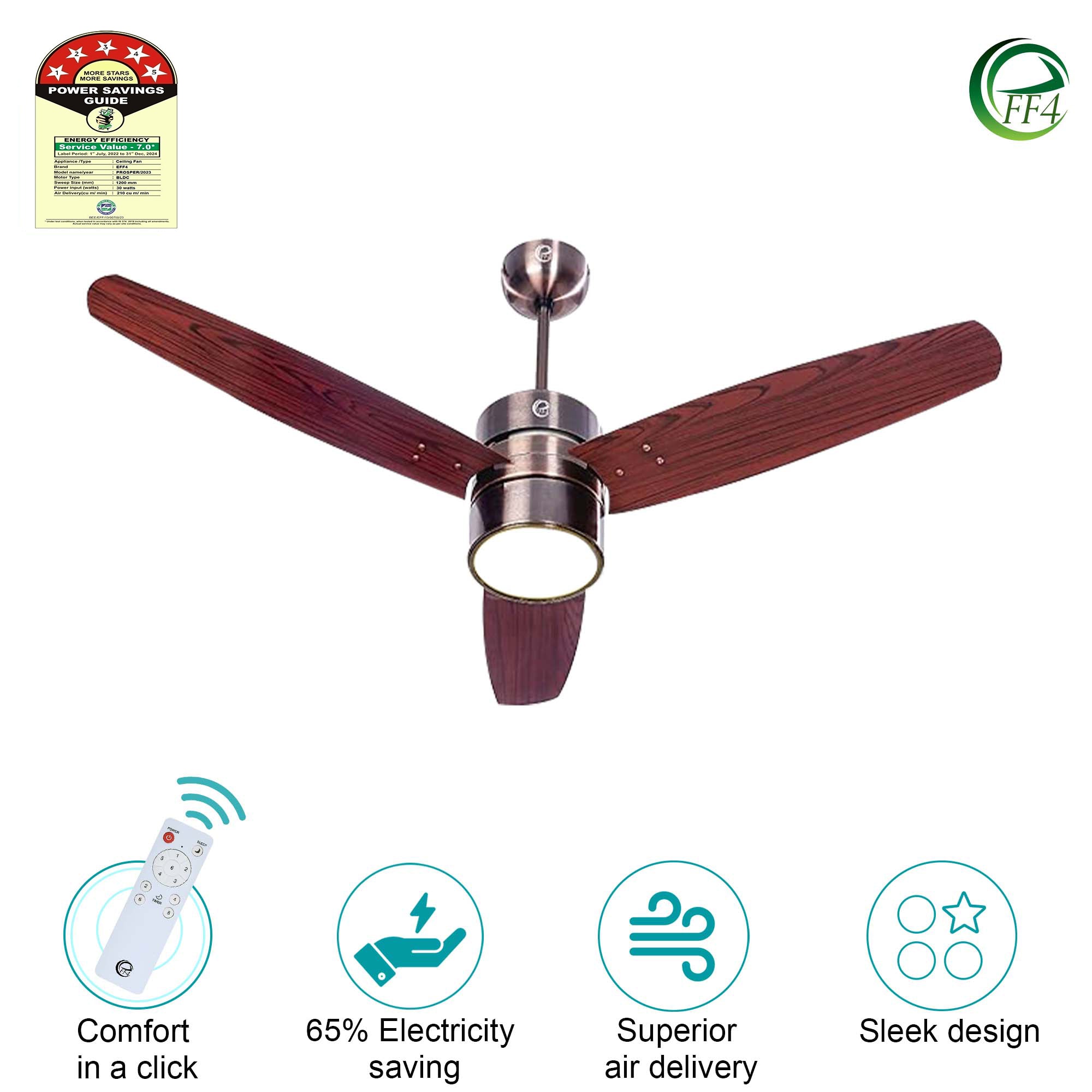 eFF4 Prosper 1200 mm 3 Blade 5 Star Ceiling Fan Remote Control with Light option (Brown, 30W)