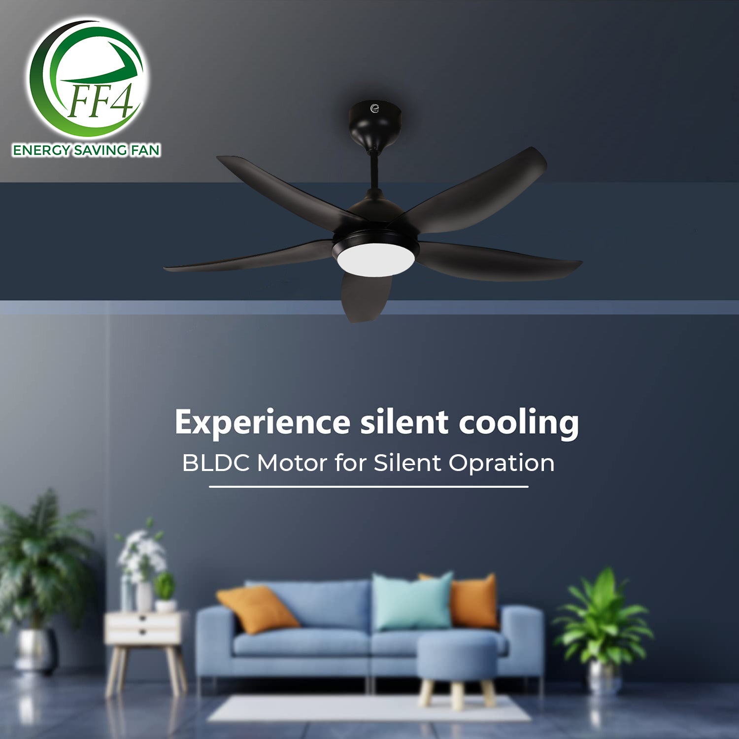 eFF4 Artistic 1200mm 5 blade 5 star BLDC ceiling Fan with Light, Aerodynamic ABS Blades and Remote Control