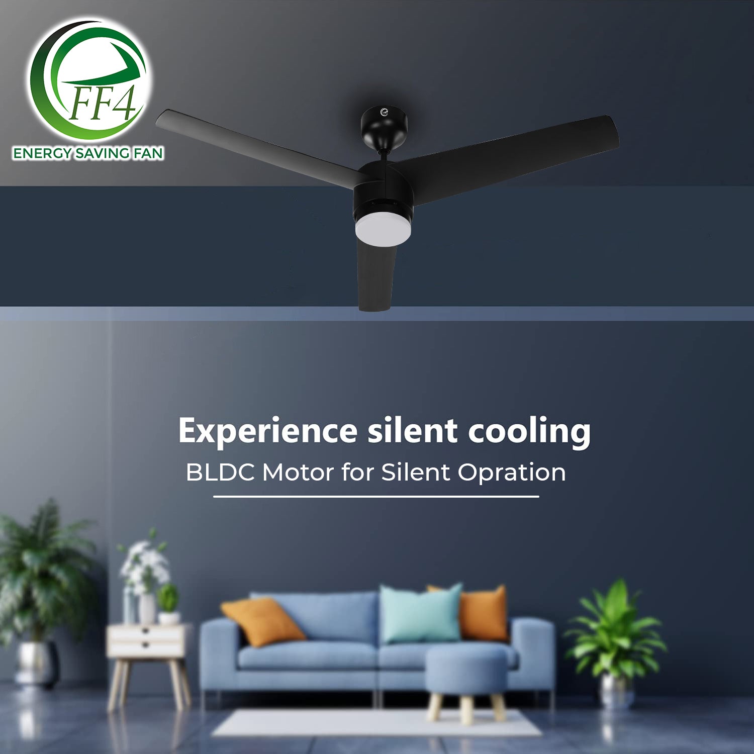 eFF4 Artistic+ 1320mm 3 blade 5 star BLDC ceiling Fan black with light & Aerodynamic ABS Blades and Remote Control, Black